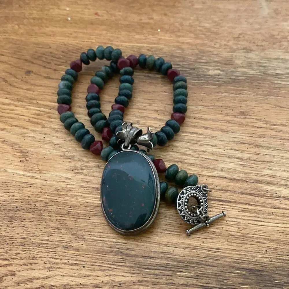 Vintage bloodstone sterling silver beaded pendant necklace - Picture 10 of 10
